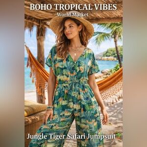 World Market Jungle Tiger Print Jumpsuit L/XL Boho Safari Tropical Wide Leg